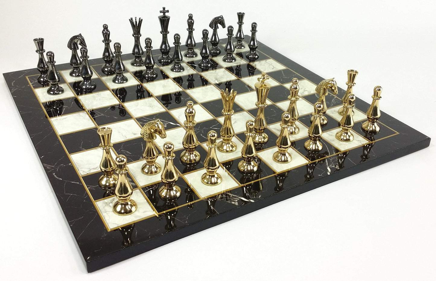 Brass Metal Spiked Qn Staunton Chess Set Gold & Black W/ 17" Faux Marble Board