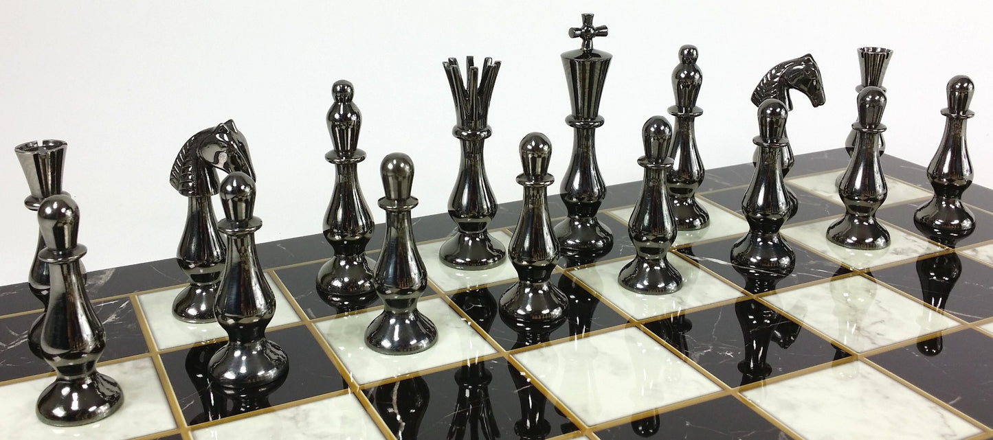 Brass Metal Spiked Qn Staunton Chess Set Gold & Black W/ 17" Faux Marble Board