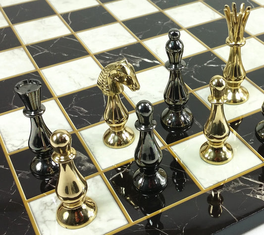Brass Metal Spiked Qn Staunton Chess Set Gold & Black W/ 17" Faux Marble Board