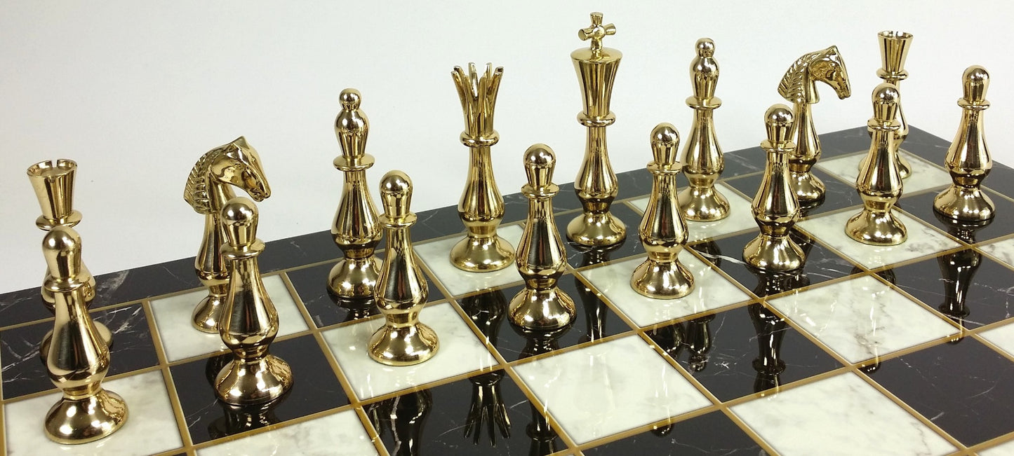 Brass Metal Spiked Qn Staunton Chess Set Gold & Black W/ 17" Faux Marble Board