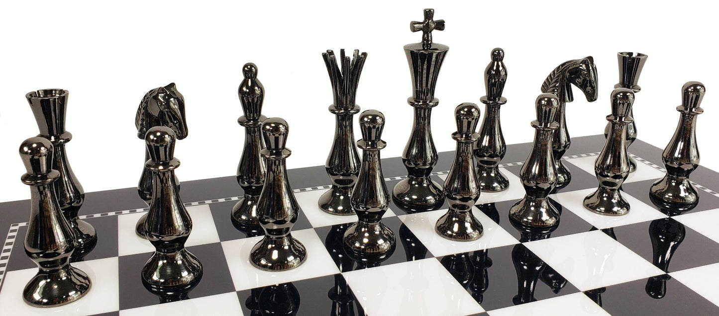 Brass Metal Spiked Qn Staunton Chess Set Gold & Black W/ 15" Black & White Board