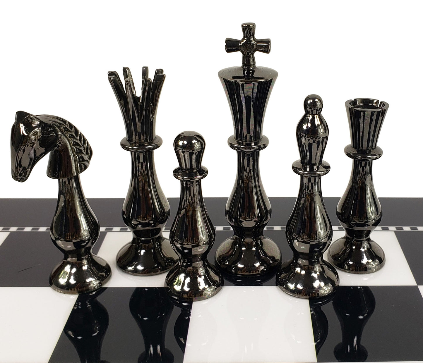 Brass Metal Spiked Qn Staunton Chess Set Gold & Black W/ 15" Black & White Board