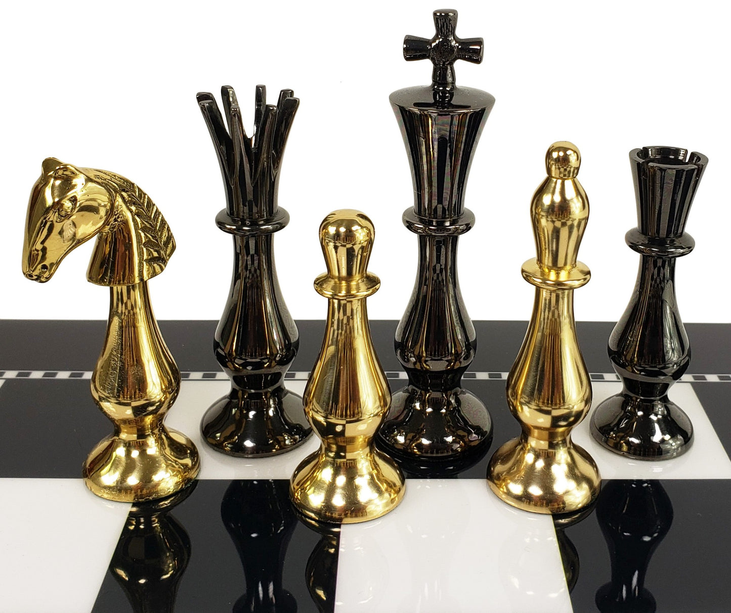 Brass Metal Spiked Qn Staunton Chess Set Gold & Black W/ 15" Black & White Board