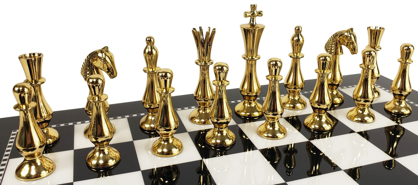 Brass Metal Spiked Qn Staunton Chess Set Gold & Black W/ 15" Black & White Board