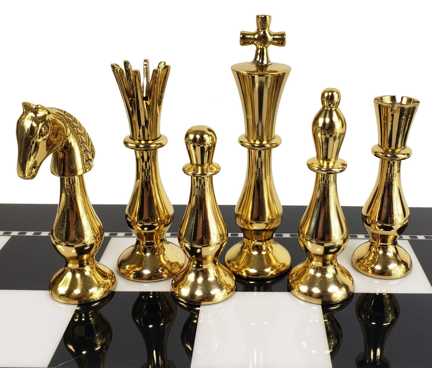 Brass Metal Spiked Qn Staunton Chess Set Gold & Black W/ 15" Black & White Board