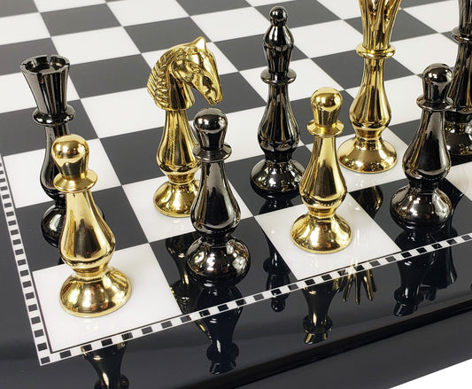 Brass Metal Spiked Qn Staunton Chess Set Gold & Black W/ 15" Black & White Board