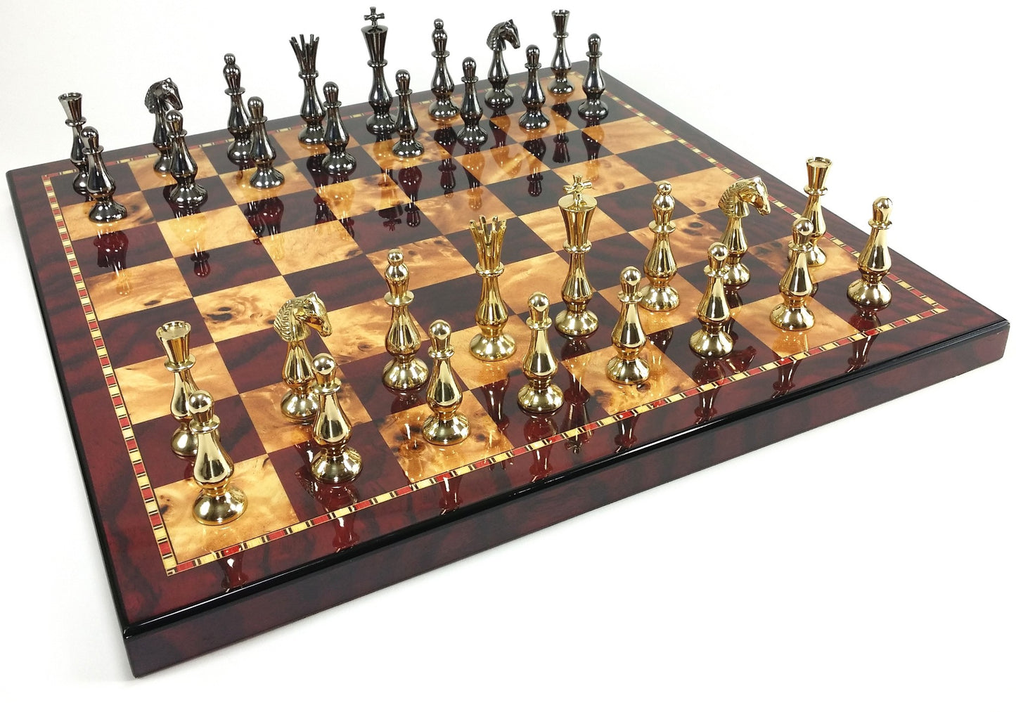 Brass Metal Spiked Qn Staunton Chess Set Gold & Black W/ 18" Cherry Color Board