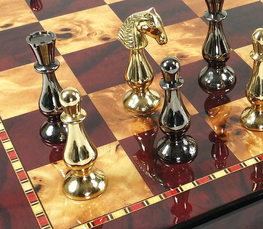 Brass Metal Spiked Qn Staunton Chess Set Gold & Black W/ 18" Cherry Color Board