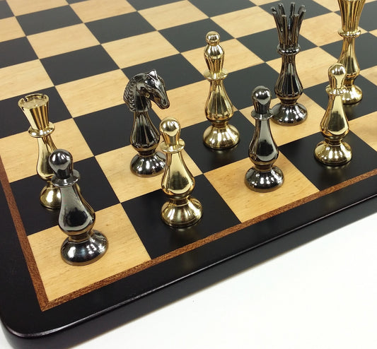 Brass Metal Spiked Qn Staunton Chess Set Gold & Black W/ 17 1/4" Black Board
