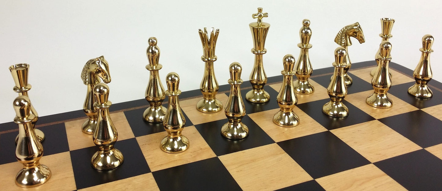 Brass Metal Spiked Qn Staunton Chess Set Gold & Black W/ 17 1/4" Black Board