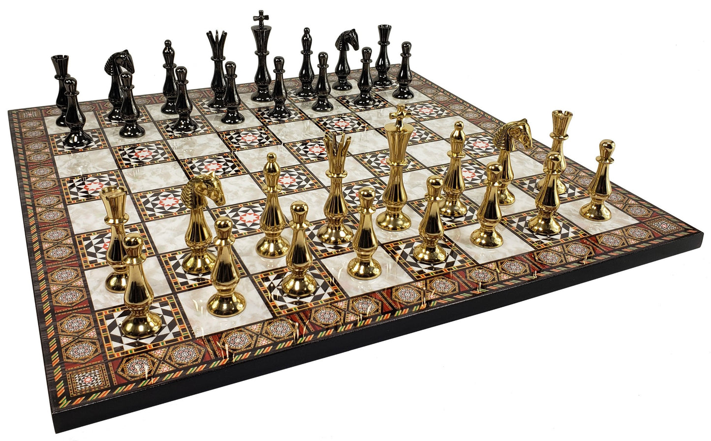 Brass Metal Spiked Qn Staunton Chess Set Gold & Black W/ 17" Mosaic Color Board