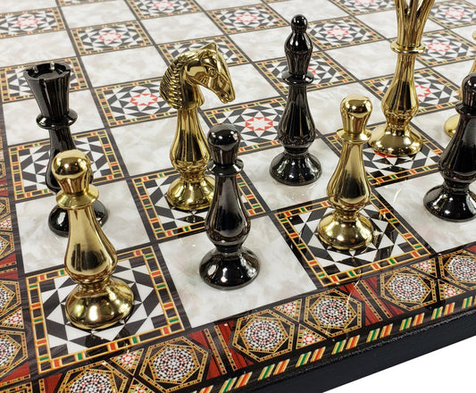 Brass Metal Spiked Qn Staunton Chess Set Gold & Black W/ 17" Mosaic Color Board