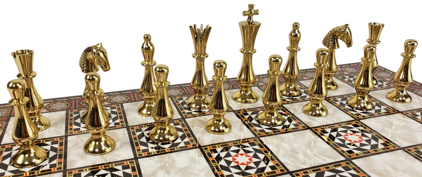 Brass Metal Spiked Qn Staunton Chess Set Gold & Black W/ 17" Mosaic Color Board