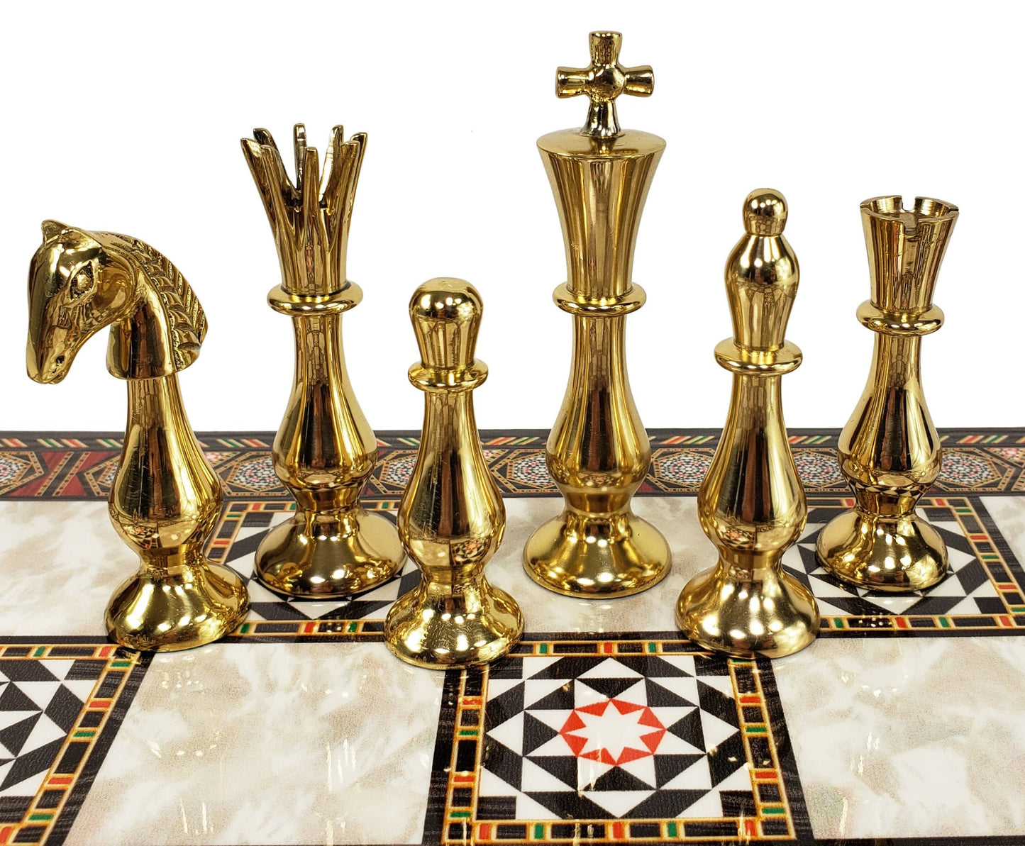 Brass Metal Spiked Qn Staunton Chess Set Gold & Black W/ 17" Mosaic Color Board