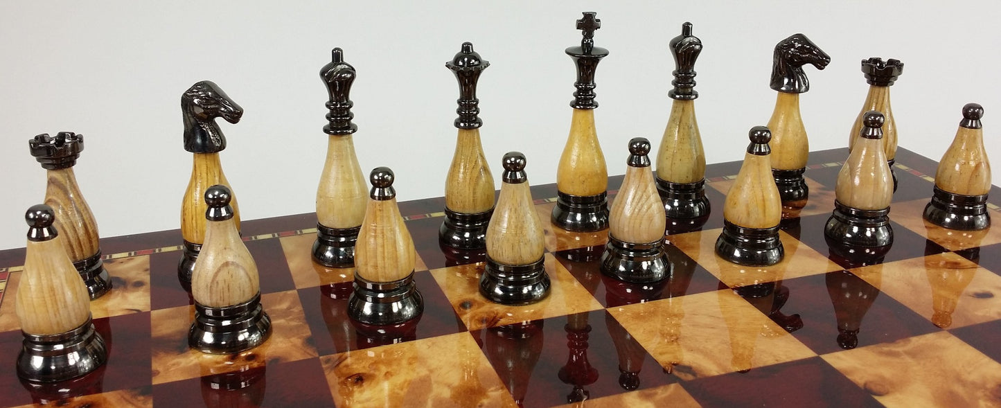 Brass Metal Black Chrome & Wood Staunton Chess Set W/Cherry Color Storage Board