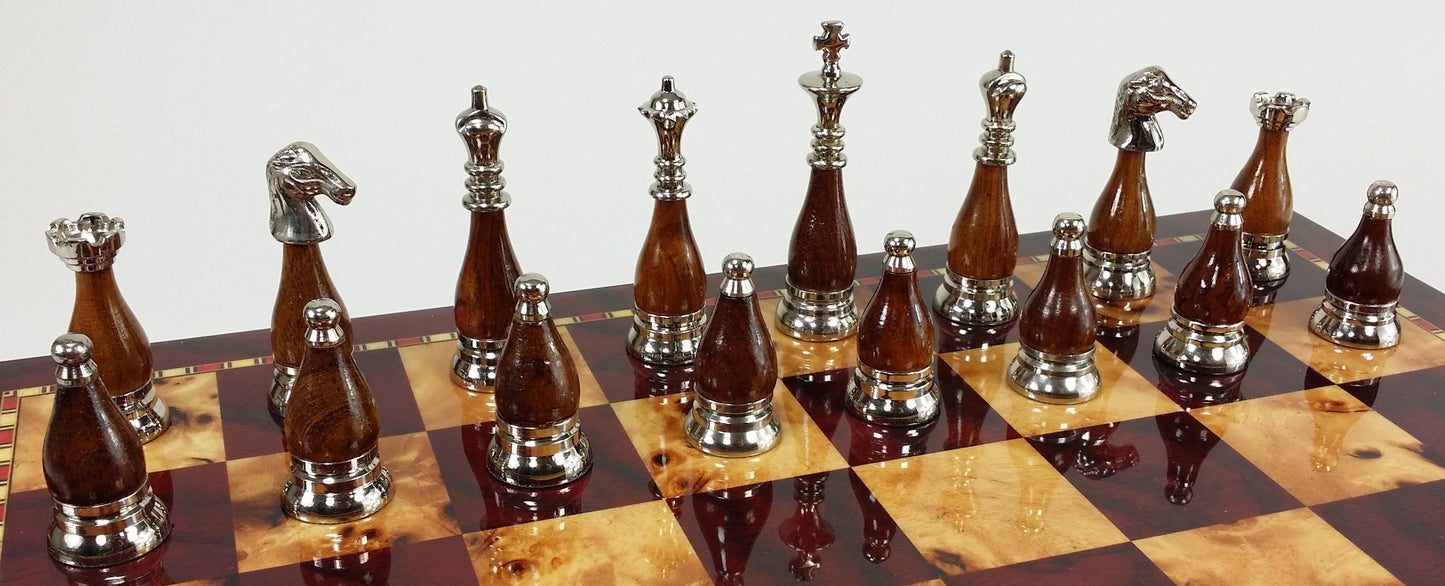 Brass Metal Black Chrome & Wood Staunton Chess Set W/ 18" Cherry Color Board