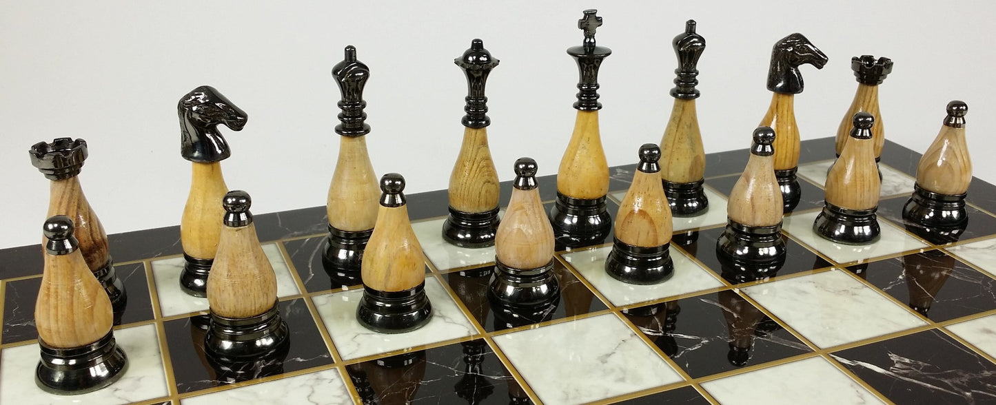 Brass Metal Staunton Black Chrome W/ Wood Inserts Chess Set Faux Marble Board