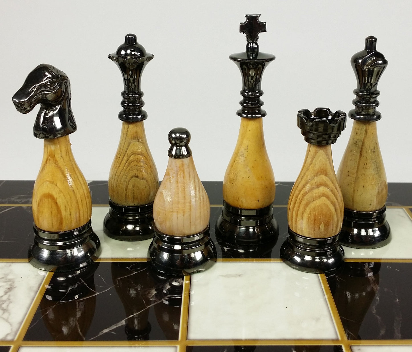Brass Metal Staunton Black Chrome W/ Wood Inserts Chess Set Faux Marble Board