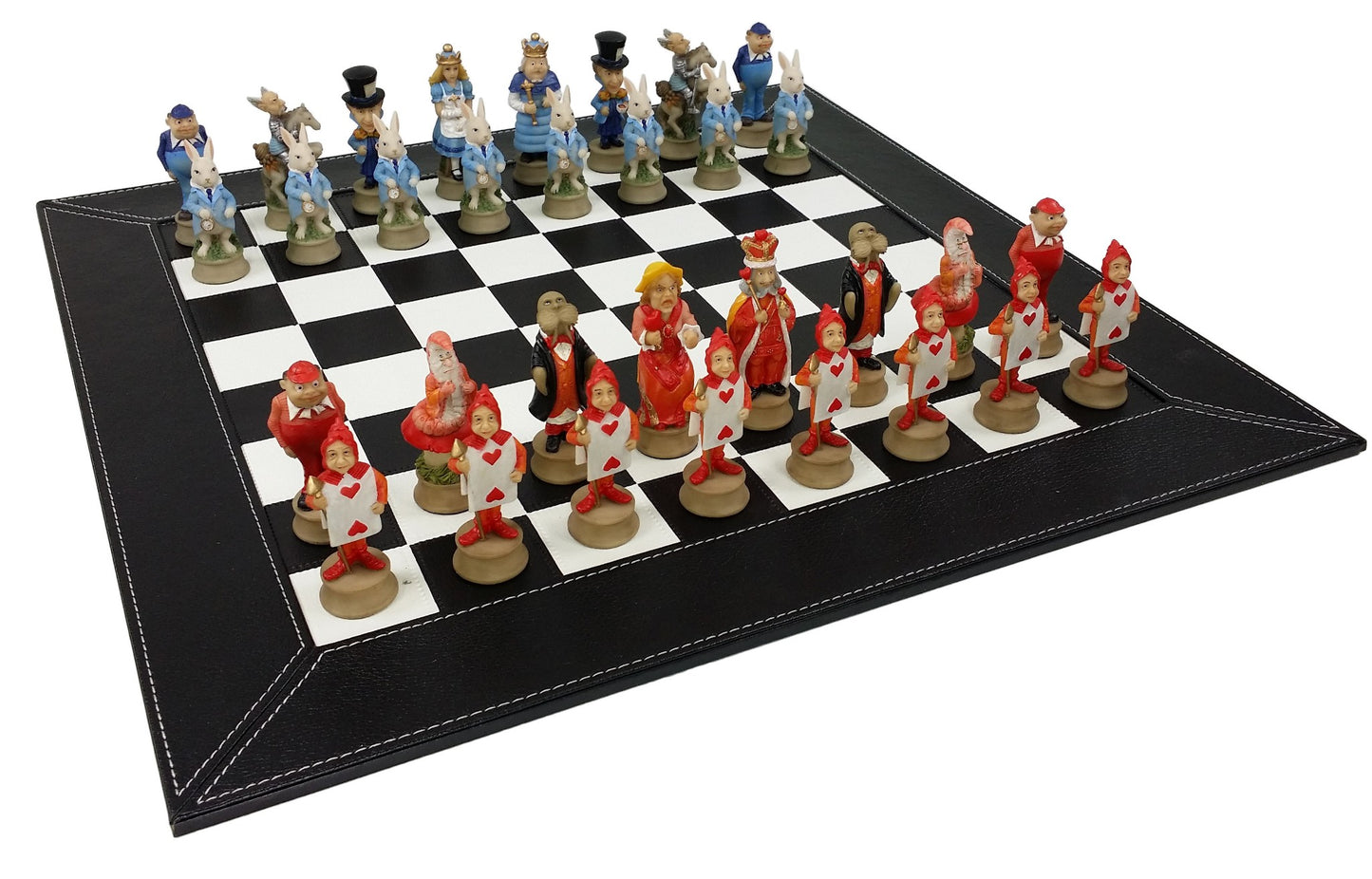 Alice in Wonderland Fantasy Chess Set W/ 18" Black Faux Leather Board