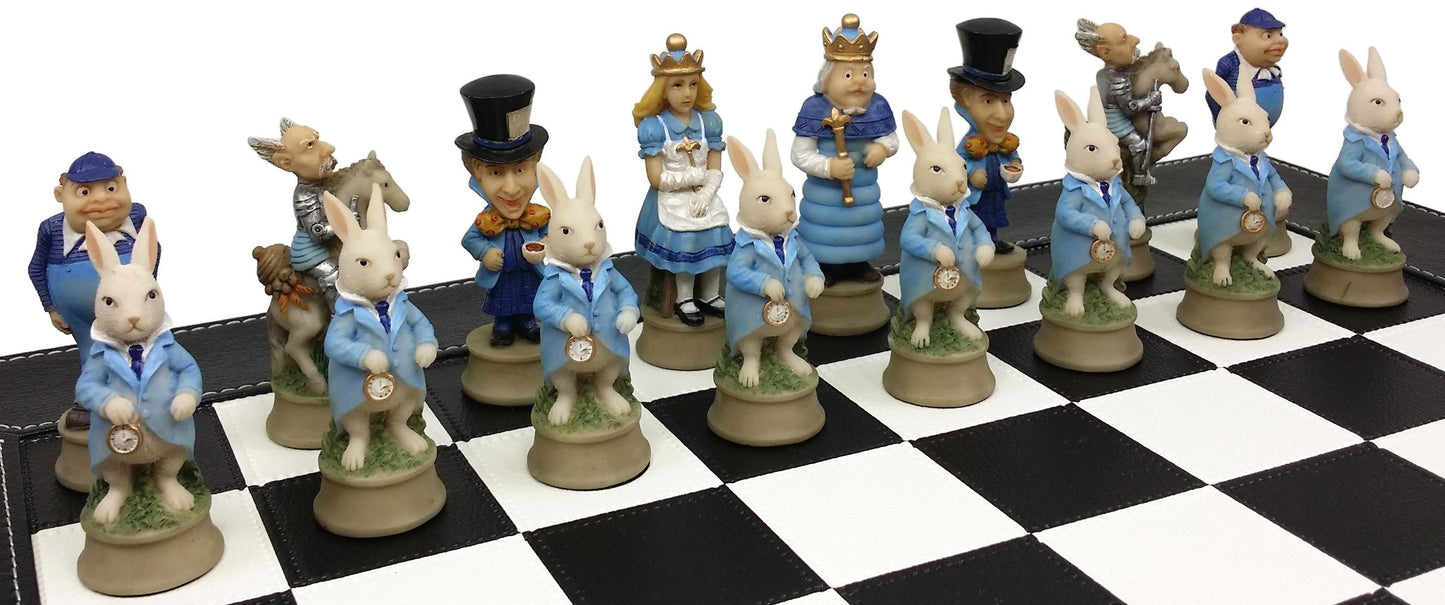 Alice in Wonderland Fantasy Chess Set W/ 18" Black Faux Leather Board