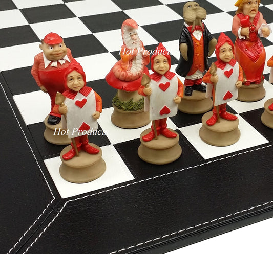 Alice in Wonderland Fantasy Chess Set W/ 18" Black Faux Leather Board