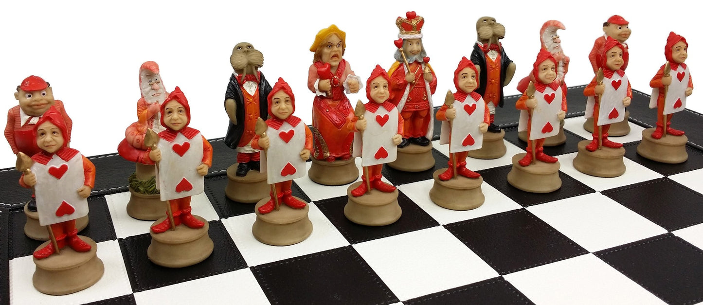 Alice in Wonderland Fantasy Chess Set W/ 18" Black Faux Leather Board