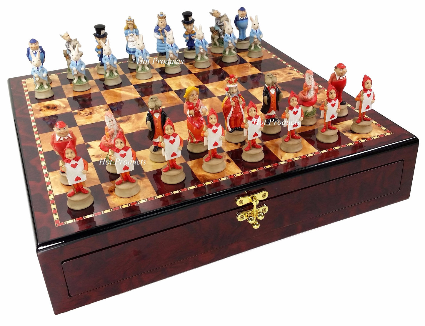 Alice in Wonderland Fantasy Chess Set W/ 17 1/2 "Cherry Color Storage Board