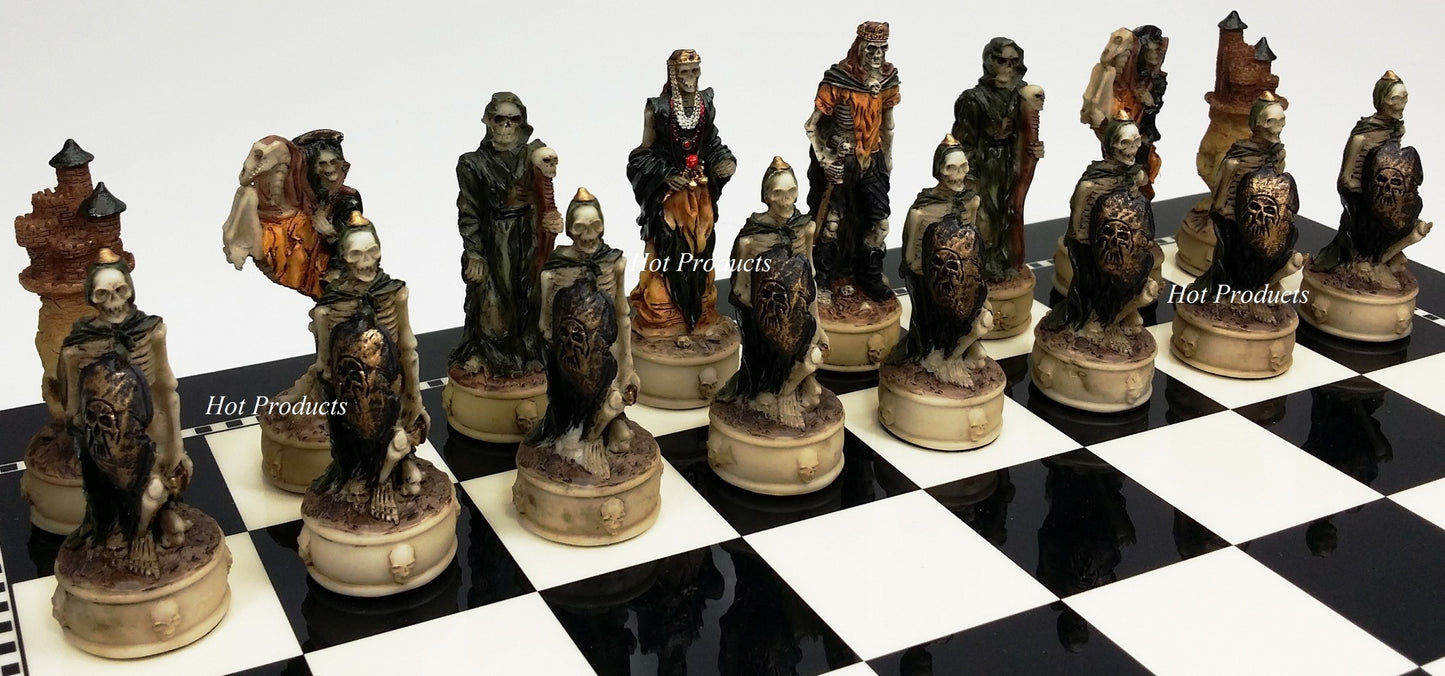 Skeleton Slayer Gothic Fantasy Skull Chess Set 17" Black & White Storage Board