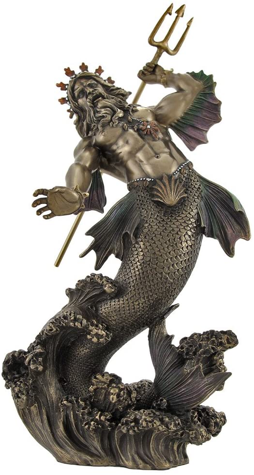 13" Poseidon God of Sea Throwing Trident Greek Mythology Statue Bronze Color