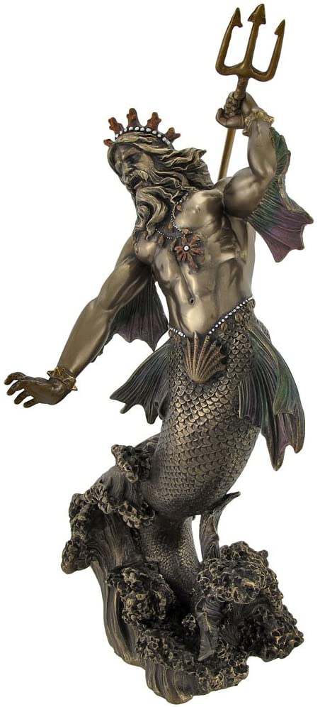 13" Poseidon God of Sea Throwing Trident Greek Mythology Statue Bronze Color