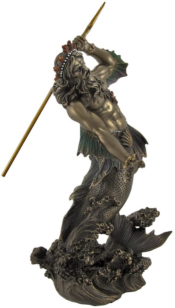 13" Poseidon God of Sea Throwing Trident Greek Mythology Statue Bronze Color