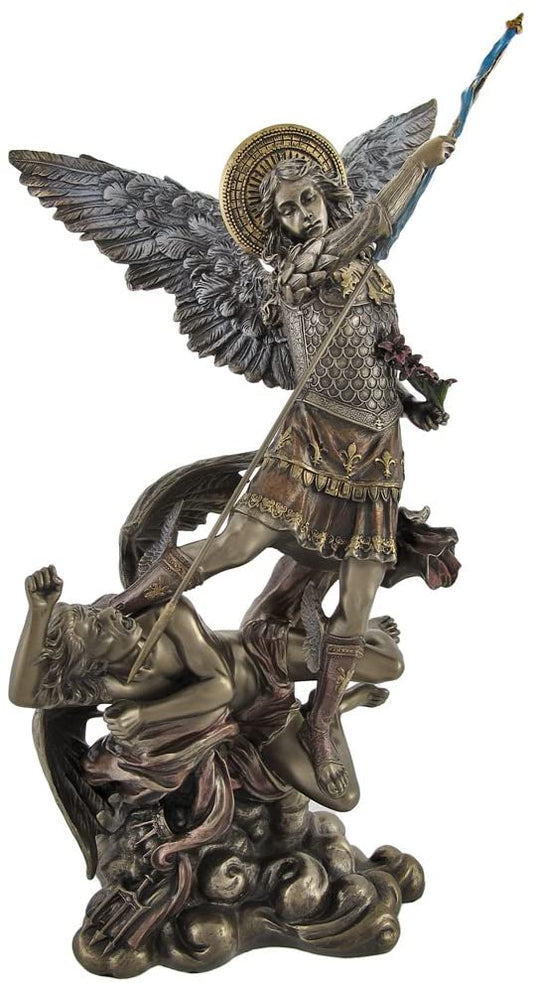 Saint Michael Archangel Tramples Demon W Flowers Figurine Statue Bronze Finish