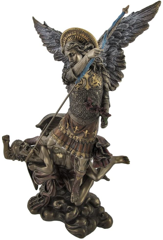 Saint Michael Archangel Tramples Demon W Flowers Figurine Statue Bronze Finish