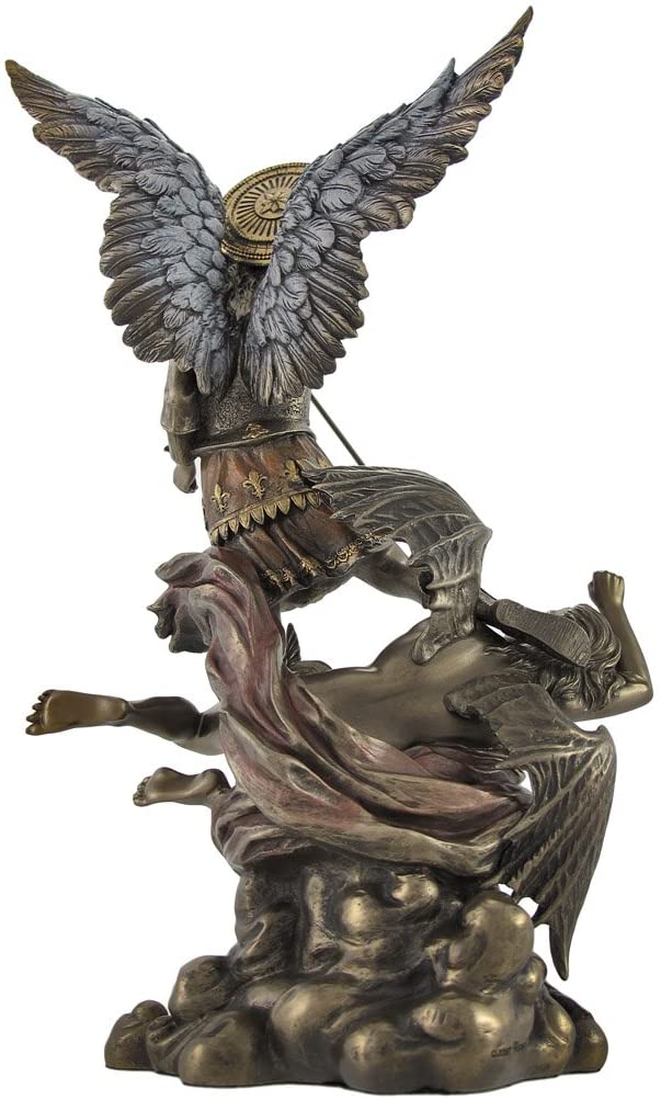 Saint Michael Archangel Tramples Demon W Flowers Figurine Statue Bronze Finish