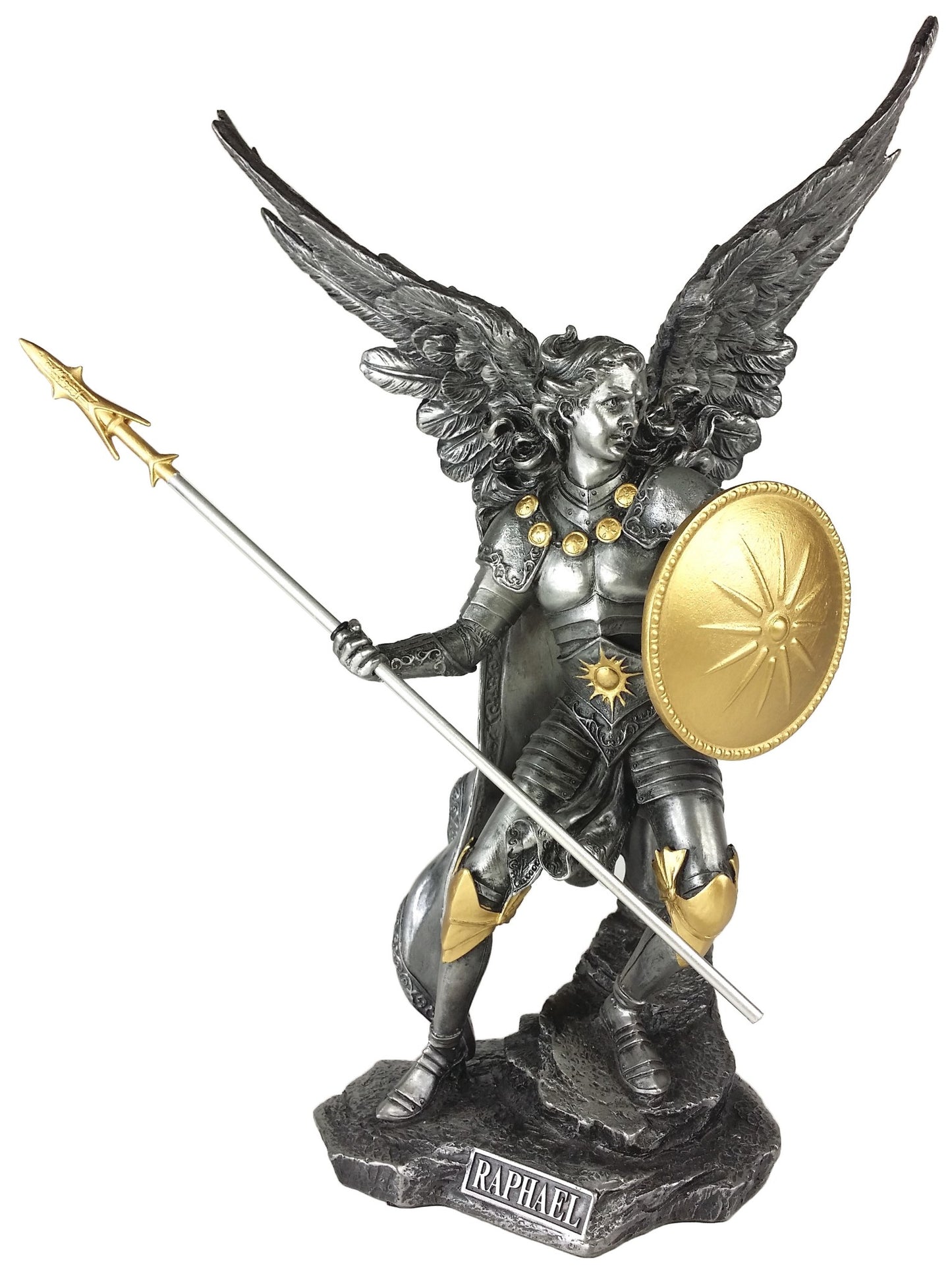 13" SAINT RAPHAEL Archangel With Spear  Statue Pewter & Gold Finish St Angel