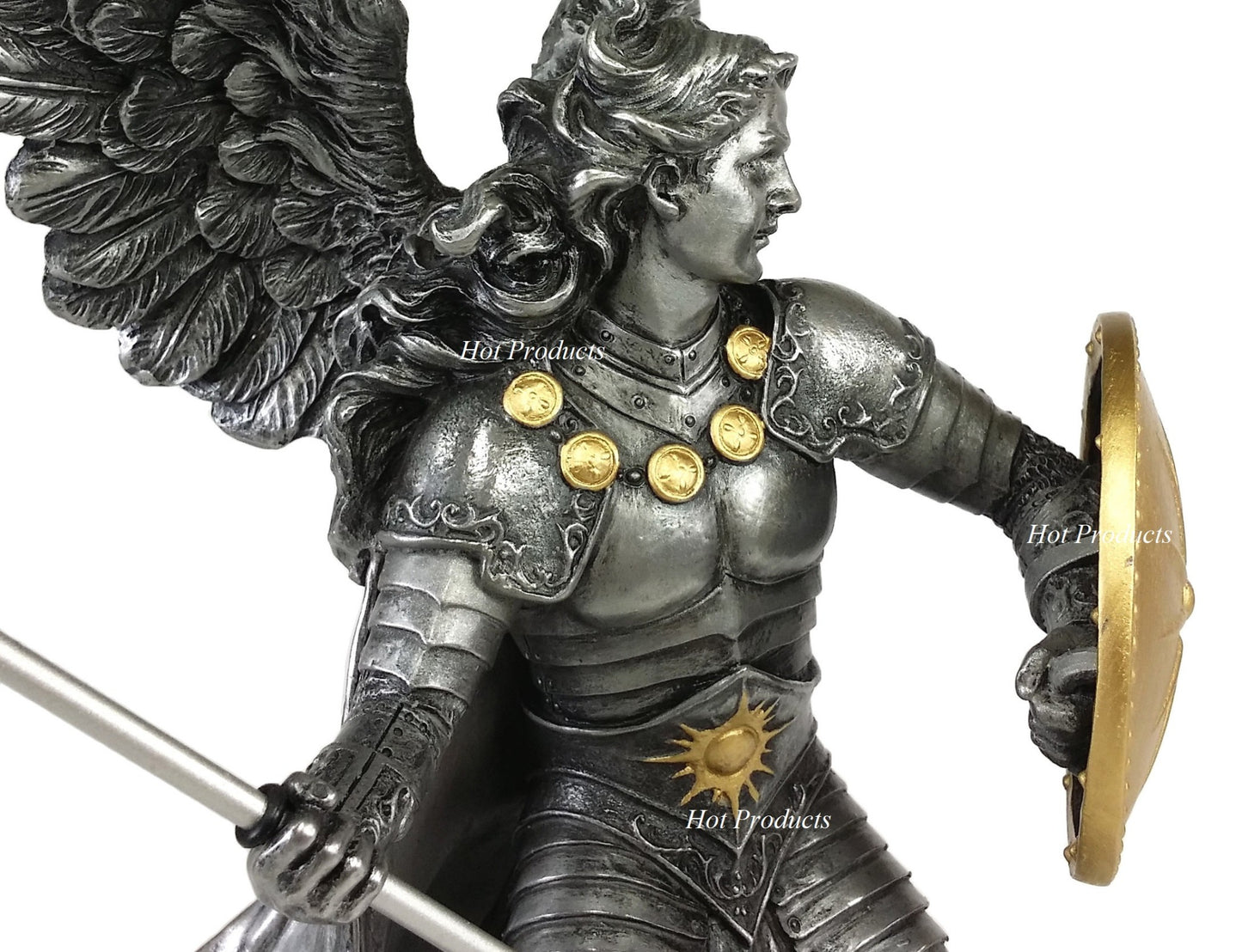 13" SAINT RAPHAEL Archangel With Spear  Statue Pewter & Gold Finish St Angel