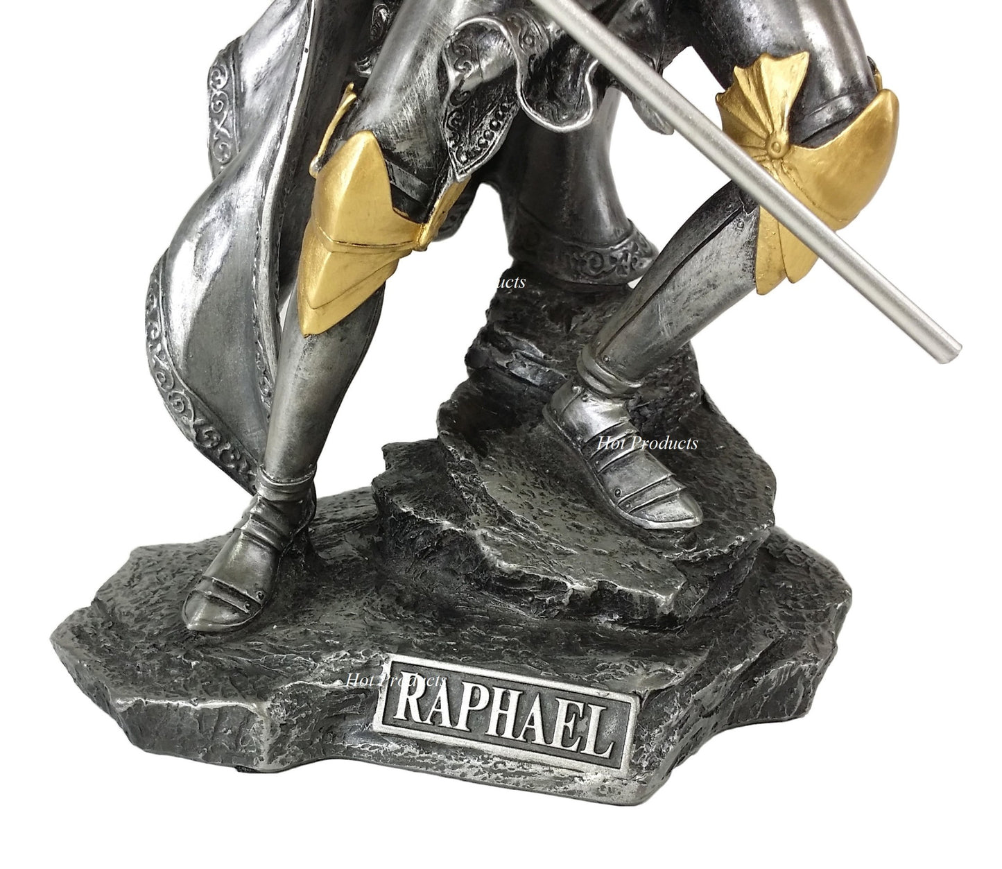 13" SAINT RAPHAEL Archangel With Spear  Statue Pewter & Gold Finish St Angel