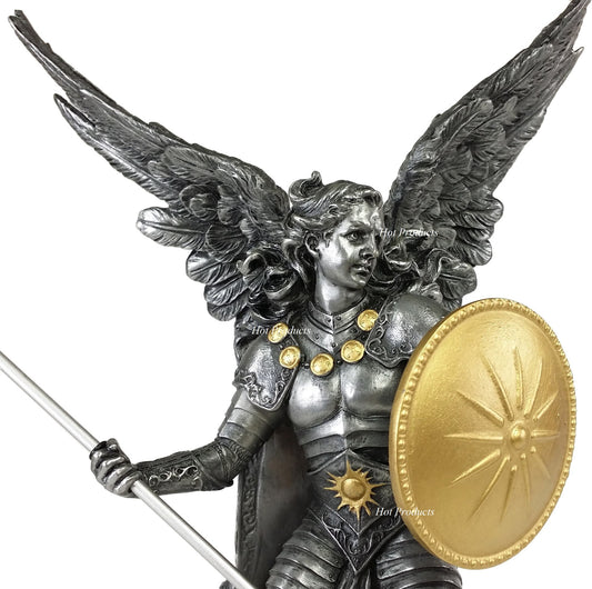 13" SAINT RAPHAEL Archangel With Spear  Statue Pewter & Gold Finish St Angel