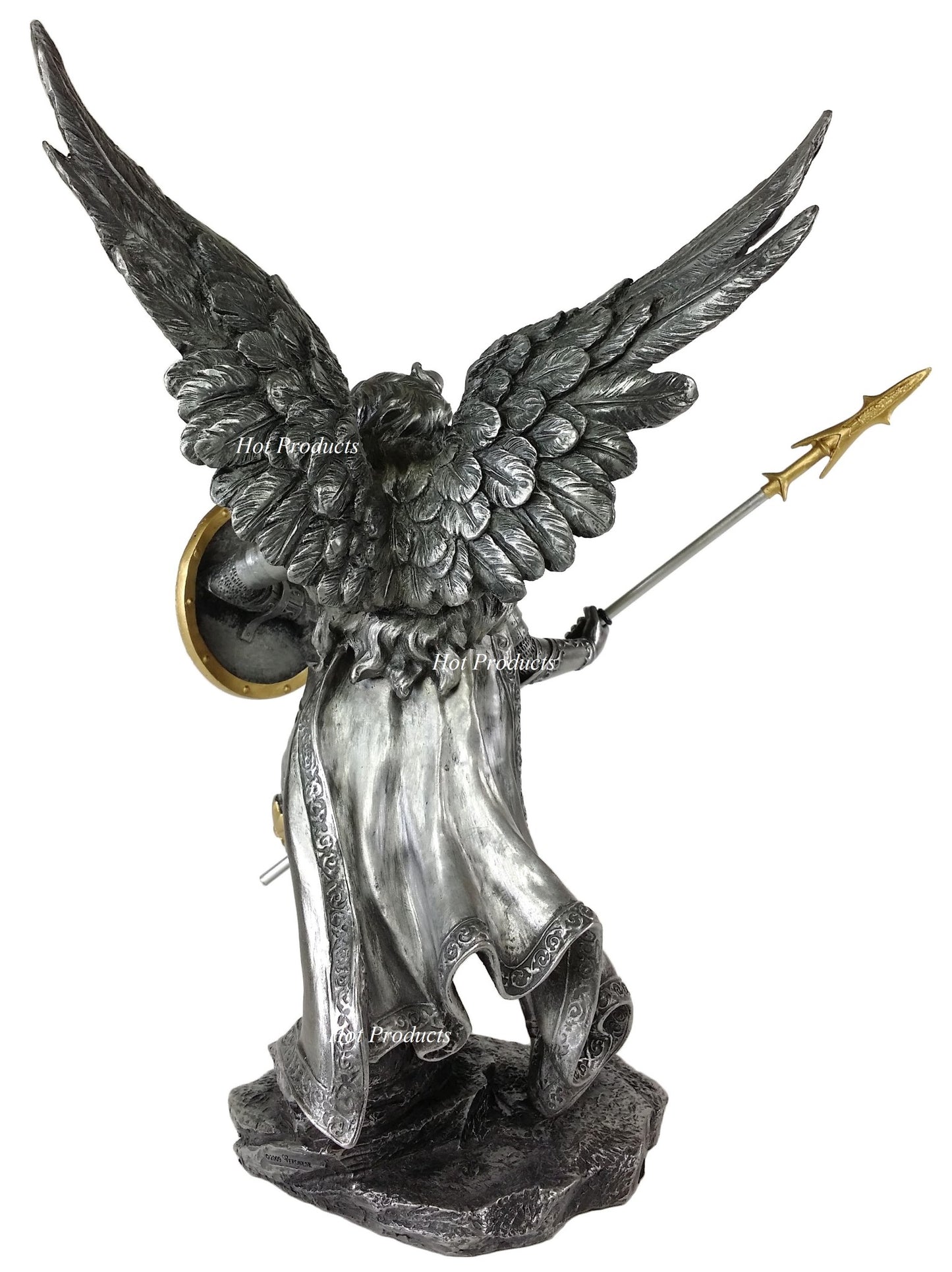 13" SAINT RAPHAEL Archangel With Spear  Statue Pewter & Gold Finish St Angel