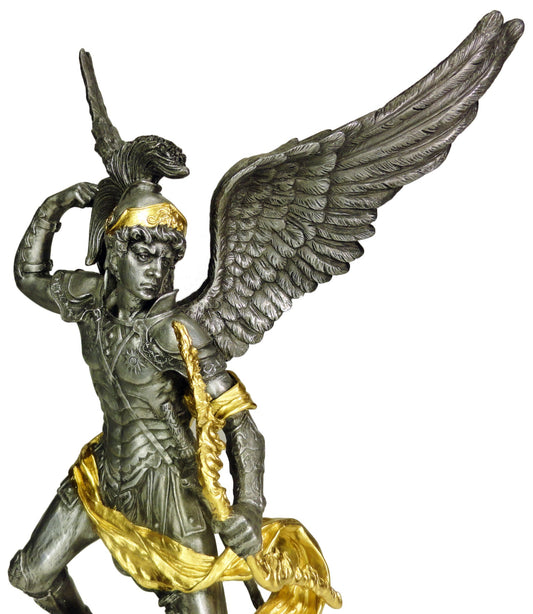 13.75" Uriel Archangel With Bow Angel Statue Antique Pewter & Gold Color
