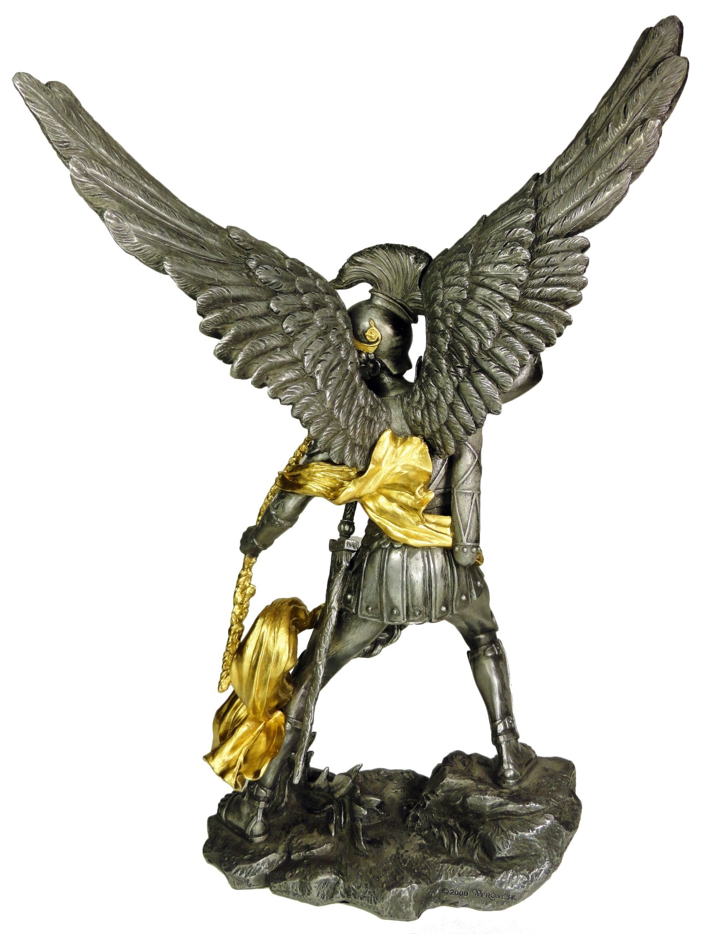 13.75" Uriel Archangel With Bow Angel Statue Antique Pewter & Gold Color