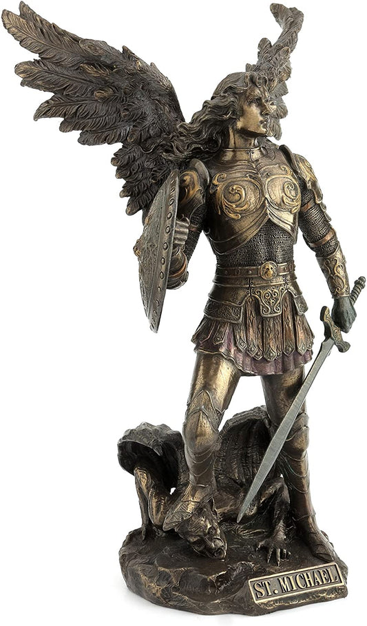 12 1/2" Saint Michael Archangel Sword & Shield Demon Angel Statue Bronze Color