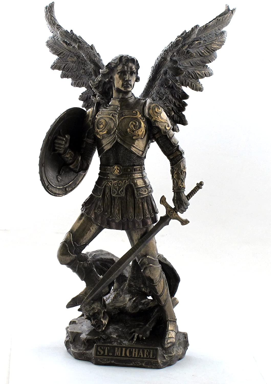 12 1/2" Saint Michael Archangel Sword & Shield Demon Angel Statue Bronze Color