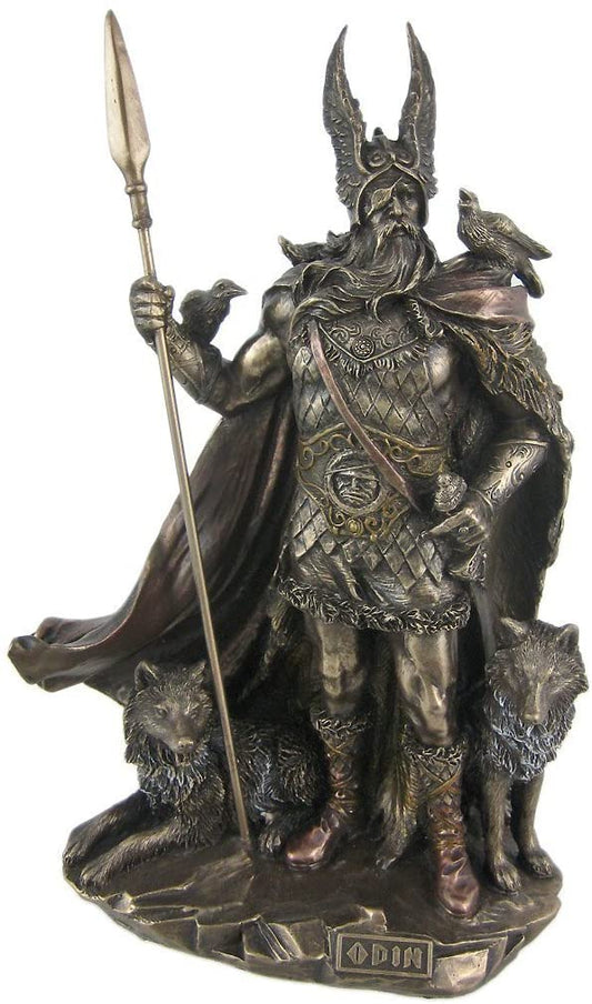 Odin Viking Norse Mythology God with Wolves Statue Antique Bronze Finish