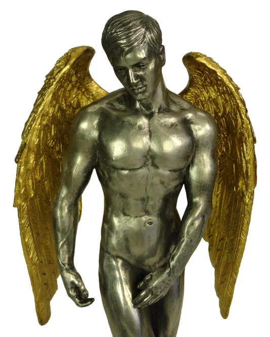 11" NUDE MALE GUARDIAN ANGEL Winged Sculpture Statue Pewter and Gold Color