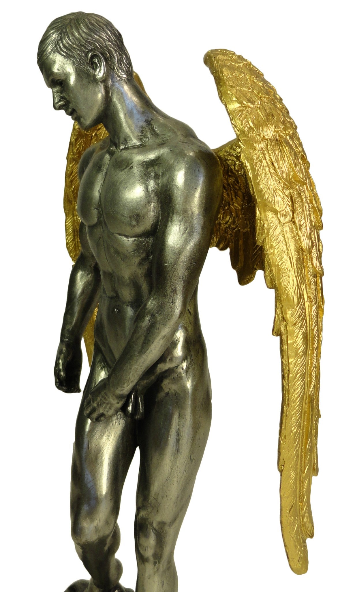 11" NUDE MALE GUARDIAN ANGEL Winged Sculpture Statue Pewter and Gold Color