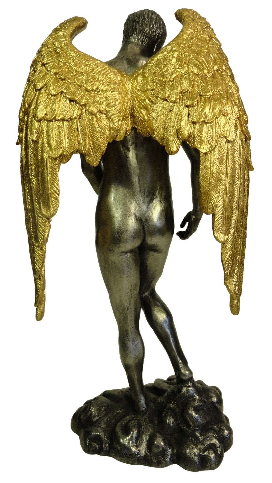 11" NUDE MALE GUARDIAN ANGEL Winged Sculpture Statue Pewter and Gold Color