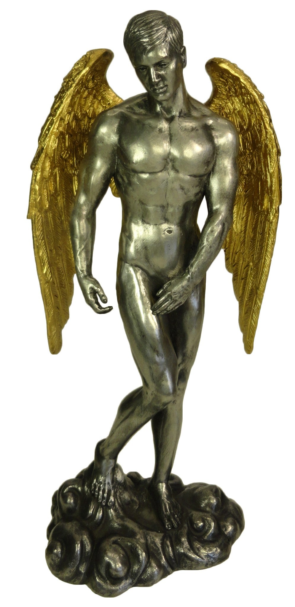 11" NUDE MALE GUARDIAN ANGEL Winged Sculpture Statue Pewter and Gold Color