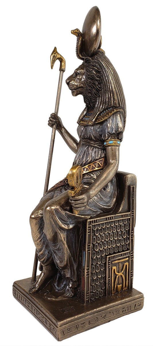 8" Egyptian Goddess Sekhmet Sitting on Throne Statue Sculpture Bronze Color