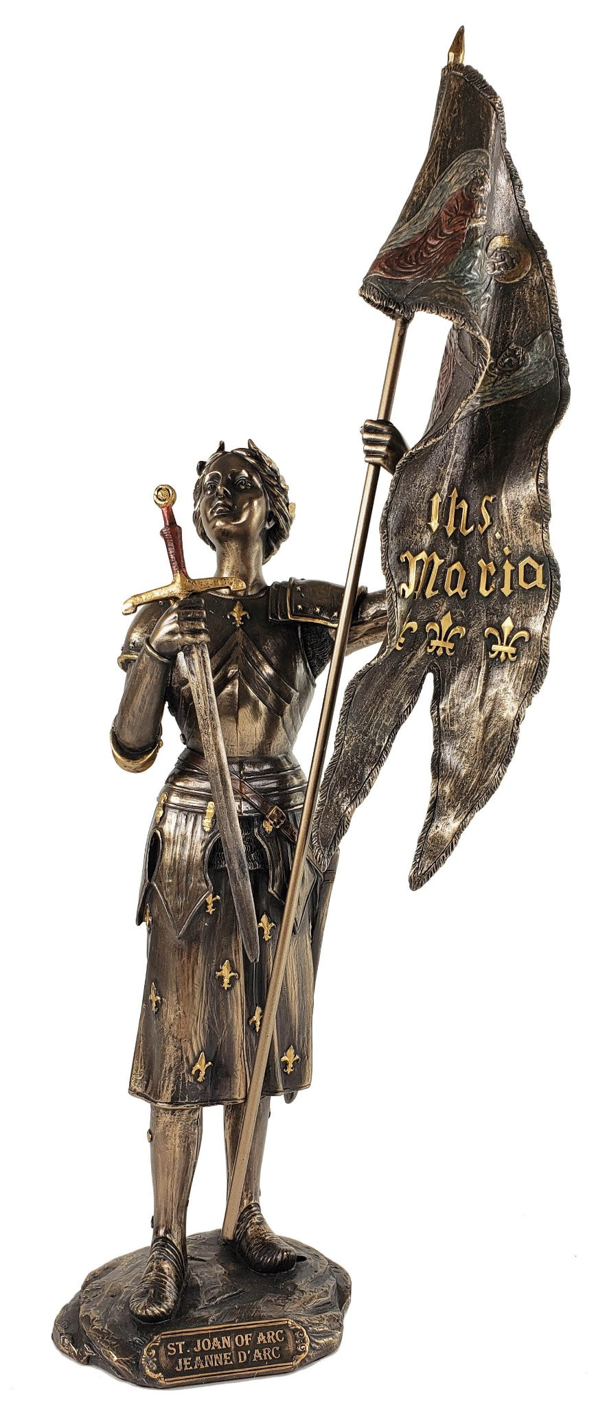 Roman Catholic Saint Joan of Arc Standing W/ Flag Sculpture Statue Bronze Finish